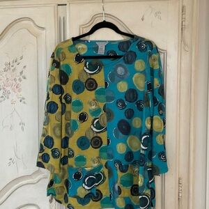 Multiples Teal and Olive Polka Dot Blouse